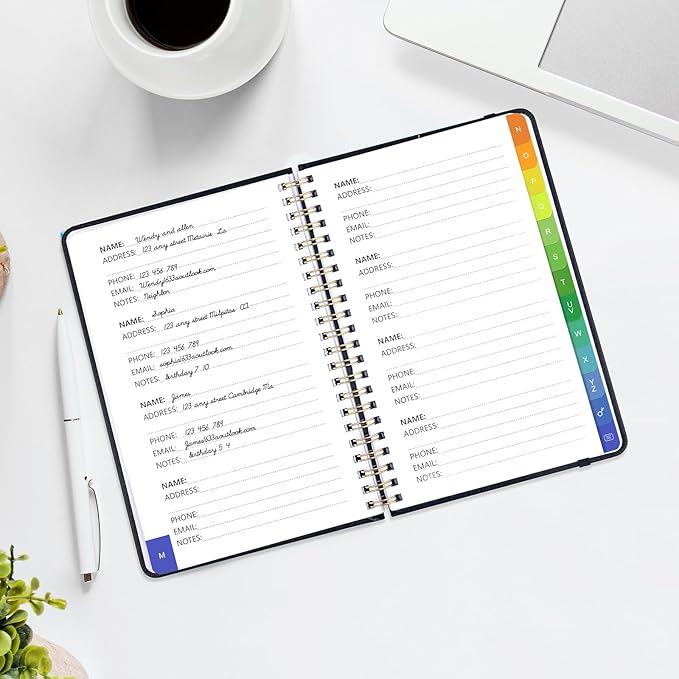 Address Book with Alphabetical Tabs-Address and Password Book for Seniors - Hardcover Spiral Bound Phone Book- Record Contacts, Website Login Passwords, Special Days -5.7" x 7.7", Black