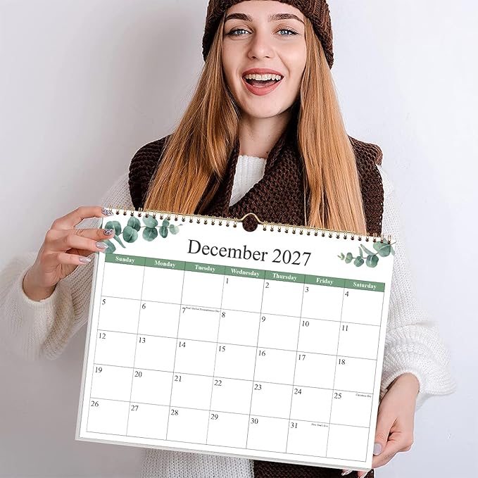 2026-2027 Calendar - Calendar 2026-2027 from June 2026 - December 2027, 19 Months Calendar with Premium Paper, Twin-Wire Binding & Hanging Hook, 12" x 14.5", Green Leaf