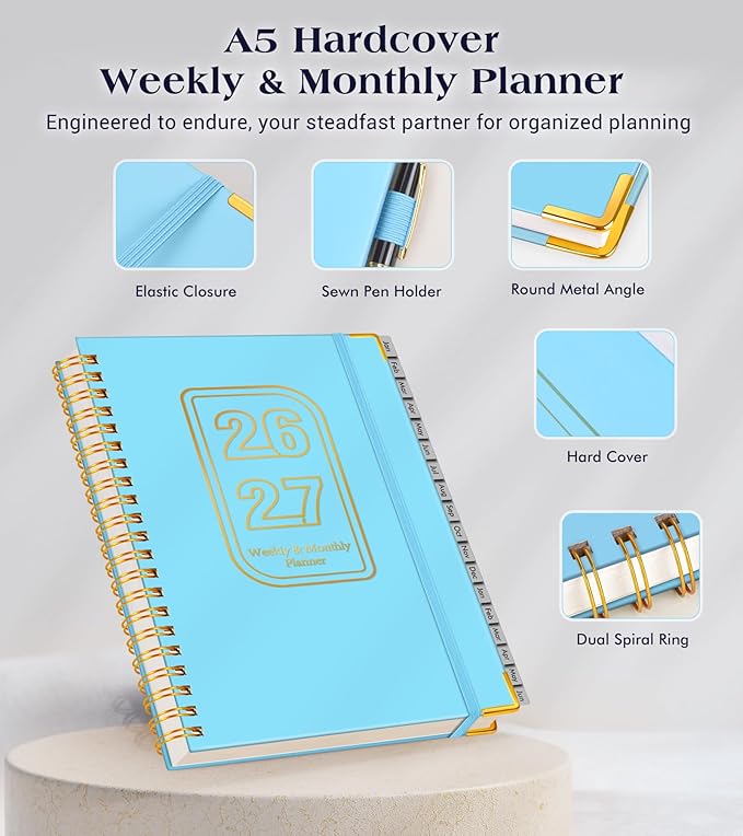 Planner 2026-2027, 18 Months Weekly and Monthly Hardcover Planner, January 2026 - June 2027, 5.75" x 8.38" A5 Daily Calendar Planner Book with Tabs, Spiral Yearly Agenda Organizer Notebook for School Work Home, Sky Blue