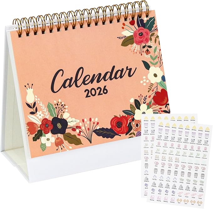 MultiBey Small Desk Calendar 2025-2026, Standing Flip Calendar for Desk with Floral Cover, 6.5" x 6.5", July 2025 to December 2026, 18-Month Desktop Calendar, To-Do Notes & Stickers for Planning (Flower House)