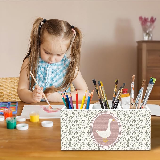 Rustic Pink Goose Plant Pen Holder for Desk, Goose Lover Gifts Pencil Organizer, Cottagecore Flower Botanical Wooden Box Sign Desk Decor for Girl Nursery Home Office Decoration