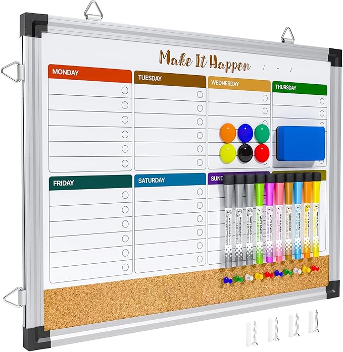 Marsrock Weekly Dry Erase Board and Cork Board Combo for Wall, 17"x13" Reversible Hanging Dry Erase Board, Double Sided White Board with Aluminum Frame for Planning, Office, Kitchen, School, Home