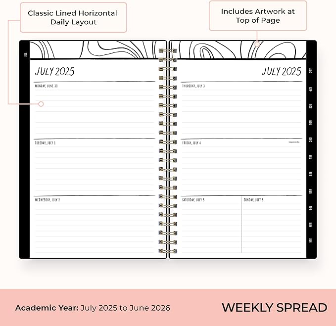 Blue Sky Idlewild 2025-2026 Weekly and Monthly Academic Year Planner Calendar, July 2025 - June 2026, 5" x 8", Flexible Cover, Wirebound, Laminated Tabs, Storage Pocket, Black Swirl