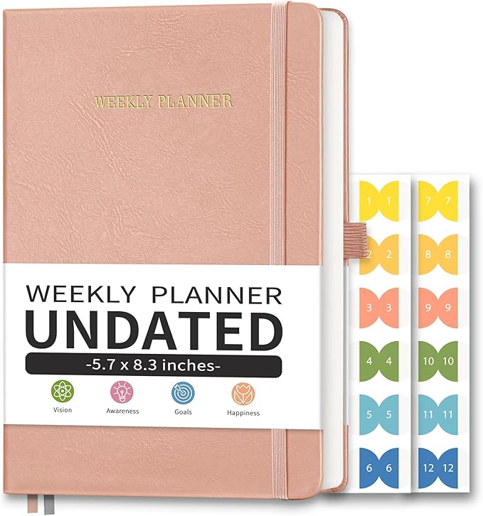 Undated Appointment Book, Hourly, Daily, 52 Weekly & 12 Monthly Planner, 6 AM - 8 PM, Medium Size (5.7" x 8.3"), Leather Hardcover, 12 Self-adhesive Monthly Tabs (Pink)