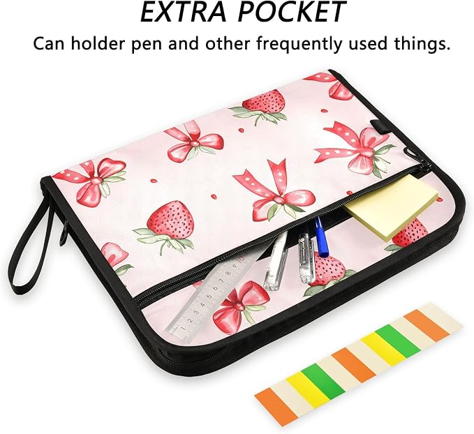 Expanding File Folder Strawberries Bows Pink Accordion File Organizer 13 Pockets Document Organizer with Zipper Labels A4 Letter Office Storage
