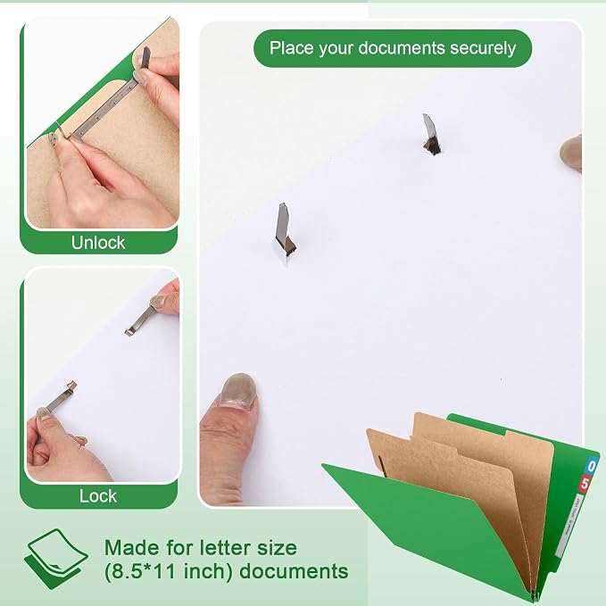 Skyygemm 24 Pcs End Tab Classification Green File Folders 3 Dividers Letter Size with 3.5'' Fasteners and 2 Prongs, Manila Folders Bulk for Office Business Classroom