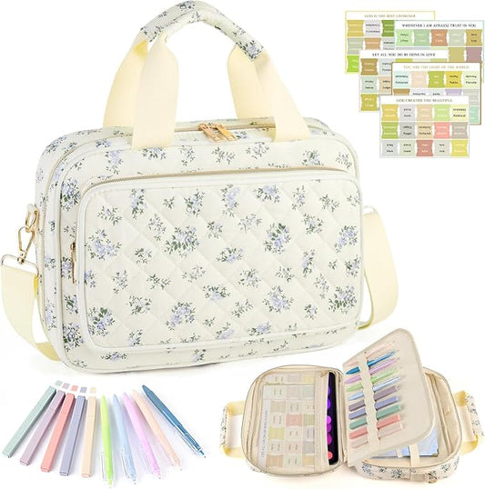 Bible Cover Case for Women, Large Quilted Bible Bag with Bible Study Supplies 5*Sticker & 5*Highlighter & 5*Pen, Stylish Church Bag Journaling Kit, Mothers Day Christian Gifts (Blue-Green Flower)