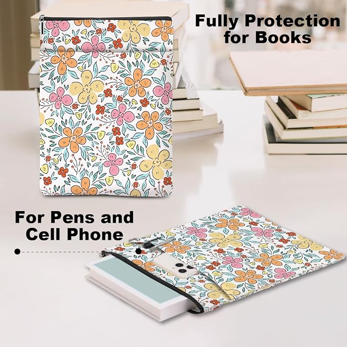 Book Sleeve Book Lovers Gifts Waterproof Books Pouch Protector Cover Reading Accessories Gifts for Women Girls Bookworm Teacher Reader Librarian Birthday Graduation Christmas, Aesthetic Floral