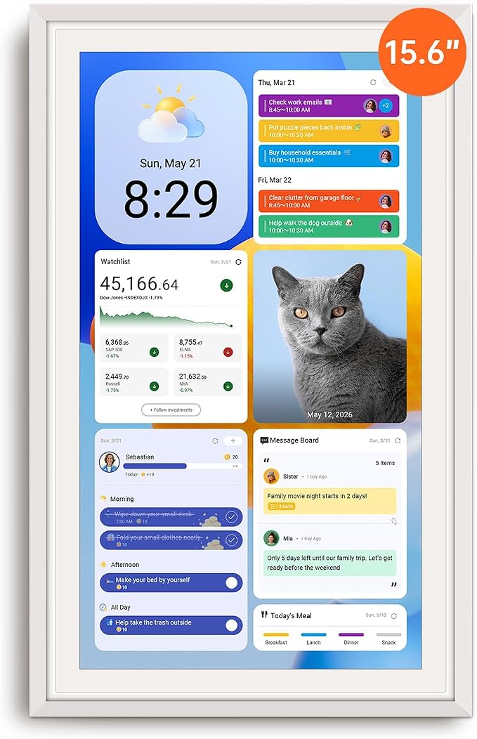 Apolosign 15.6-inch Digital Family Calendar, No Subscription Fee, Smart Wall Planner with Calendar Sync, Chore Chart & Touchscreen Display for Busy Families, with Stand (White)