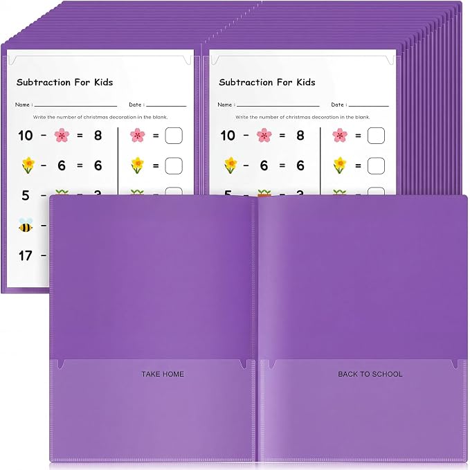 Henoyso 48 Pcs Take Home Folder Heavy Duty 2 Clear Front Pockets and 2 Inside Pockets Homework Folders for School Students Parent Teacher Classroom Communication (Purple)