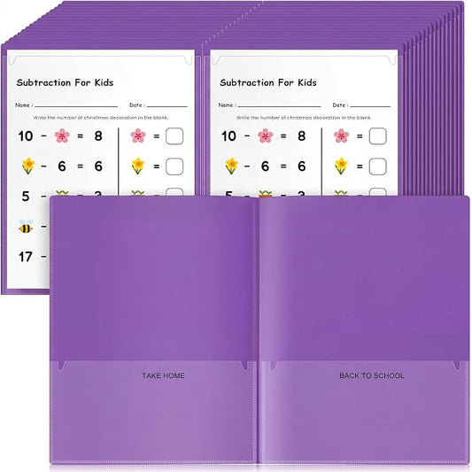 Henoyso 48 Pcs Take Home Folder Heavy Duty 2 Clear Front Pockets and 2 Inside Pockets Homework Folders for School Students Parent Teacher Classroom Communication (Purple)