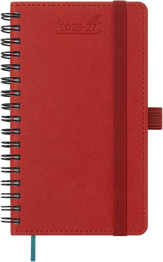 BEZEND Pocket Planner 2026-2027 Weekly and Monthly (3.5" x 6") 18 Months Small Academic Calendar (Jul 26-Dec 27) for Students, Work & Home, Storage Pocket, Spiral PU Leather Softcover -Red