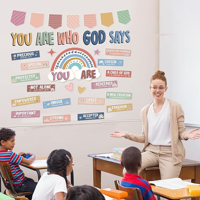 Qyeahkj Boho Christian Bulletin Board Decorations Inspirational Bulletin Board Set Colorful Rainbow God Says You Are Cutouts Motivational Religious Classroom Wall Decor for School Home Church Supplies