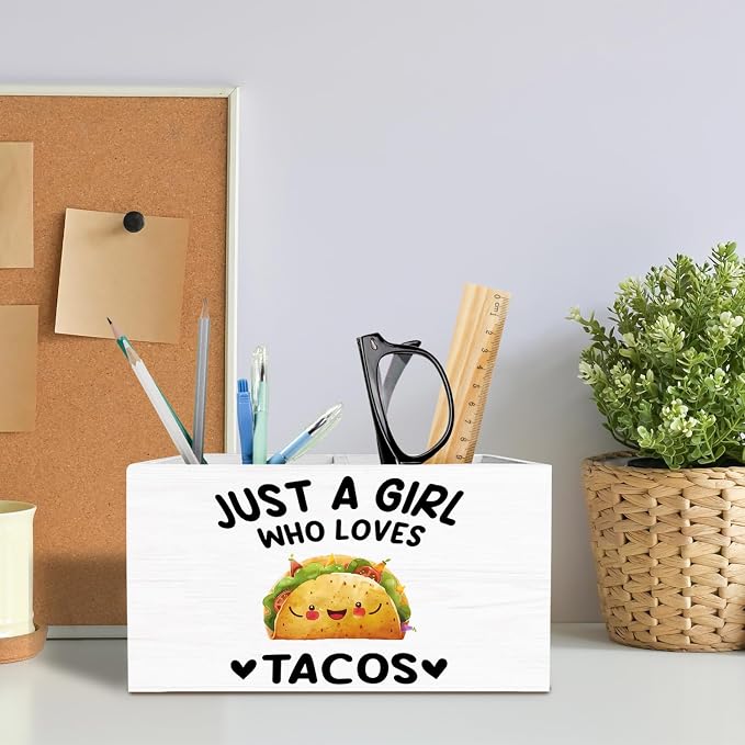Mexican Taco Pen Holder for Desk, Gifts for Taco Lovers Pencil Organizer, Just a Girl Who Loves Tacos Wooden Box Sign Desk Decor for Home Office Decoration