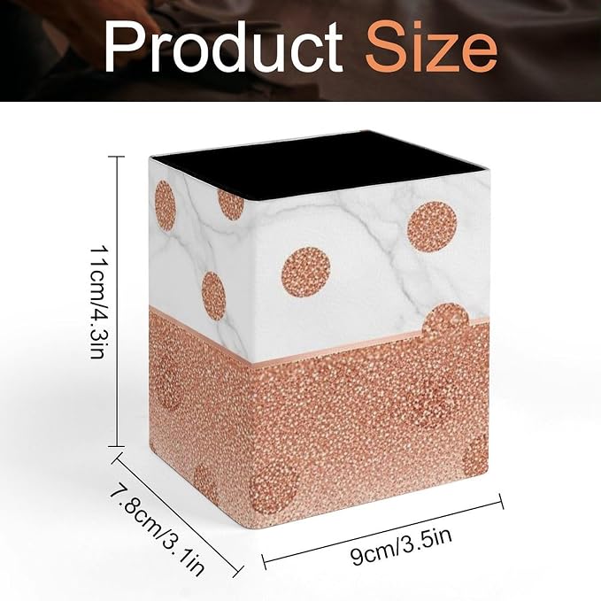 Pen Holder Square Leather Pencil, Holder Cup Makeup Brush Storage Organizer, Waterproof Multifunctional Office Supplies Modern Rose Gold Pink Glitter Dots White Marble
