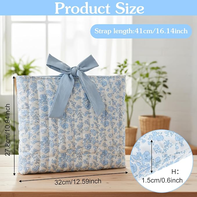 Quilted Bow Book Sleeve Washable Book Sleeve Pouch for Women Practical Gifts(Blue Floral)
