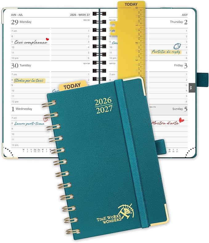 POPRUN Pocket calendar 2026-2027,pocket planner Jul 2026-Jan 2027, 6.5" x 3.5" Small Planner for Purse,Inner-pocket Weekly Planners with Hardcover, Tabs, Ruler, Pen Loop ,Unisex Weekly Planners for Organizing and Office - Pacific Green