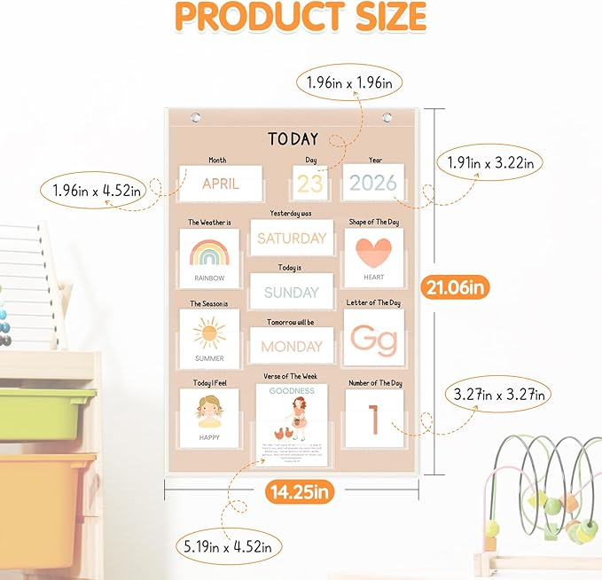 Calendar Pocket Chart for Kids, 21.5"H×14.25"L, 155 Laminated Cards with Back Storage Pocket, Early Education Teaching Supplies