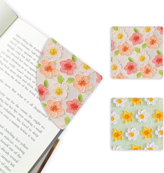 2 Pack Flower Leather Book Corner Bookmark, Durable Handmade Reading Accessories - Gifts for Readers, Women, Men, Teachers, Students 3