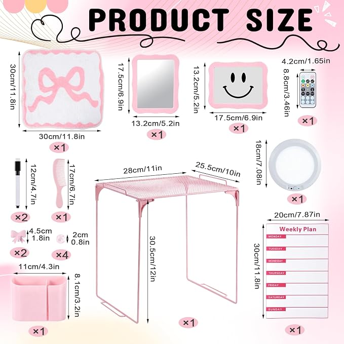 Pink Locker Accessories Kit 16PCS, School Locker Organizer Set with Shelf, Magnetic Mirror, Whiteboard Marker, Pen Holder, Rug, Magnetic Lights, Locker Decor for Girls Teens