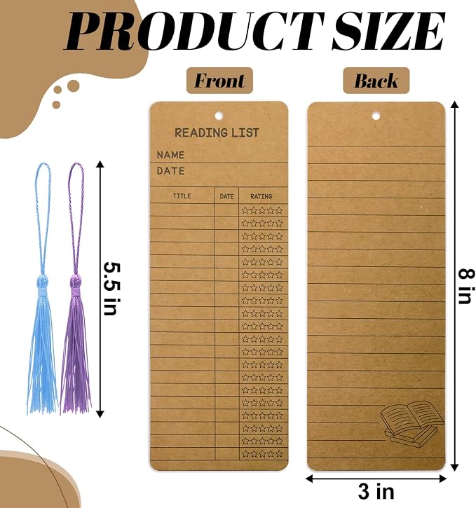 DSYIL 100 Sets Reading List Bookmarks with Tassels - 3x8 Library Card Book Marks Bulk, Cardstock Reading Log and Book Tracker for Book Lovers, Book Clubs & Back-to-School Supplies (Brown)