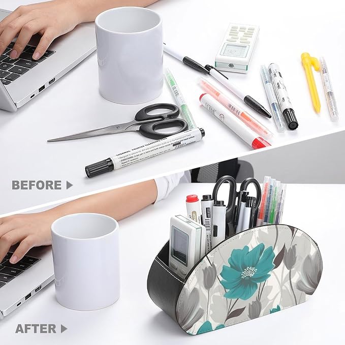 Teal Grey And White Floral Remote Control Holders Waterproof Pu Leather TV Remote Holder Desktop Storage Organizers Remote Caddy Box with 5 Compartments for TV Remotes/Media Controllers/Office Supplie