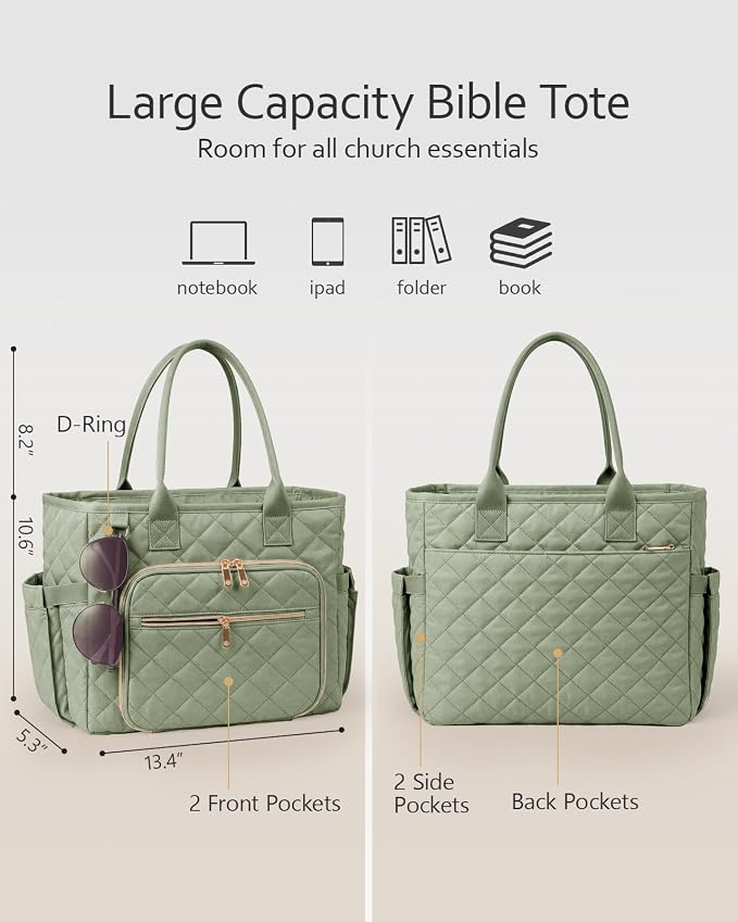 BellaHold Large Bible Bag with Bible Cover Case for Women, Church Bag with Bible Study Supplies & Shoulder Strap, Quilted Bible Tote Bag, Christian Gift for Women, Green