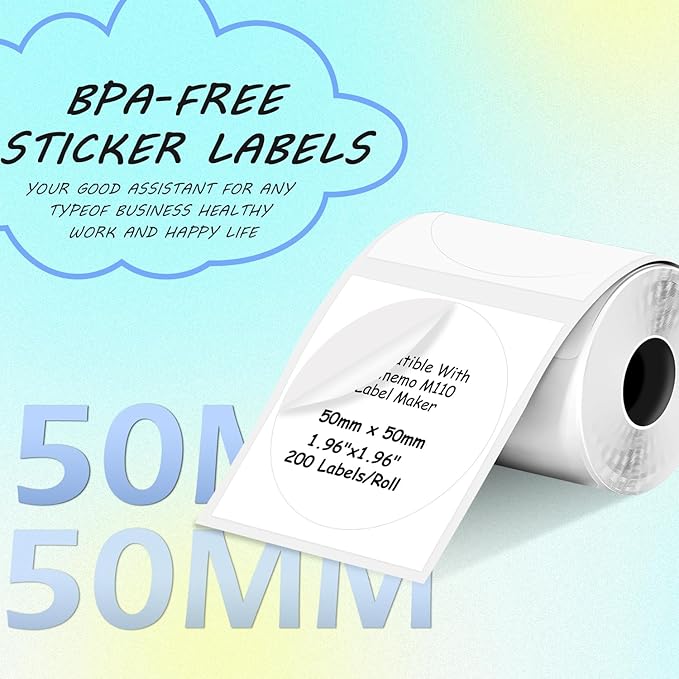 Round Circle Thermal Label Compatible with Phomemo M100/M110/M150/M221/M220/M120/M200/M250 Label Printer,1.96" x 1.96"（50x50 mm, 200 Labels/Roll, Black on White