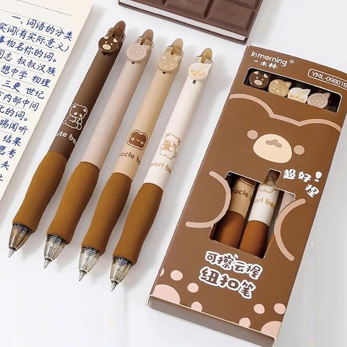 MOZXIRZ 4 Pcs Erasable Gel Ink Pens Retractable Cute Bear Pens 0.5mm Fine Point Office School Women Girls Pens (Blue Ink-Coffee Bear)