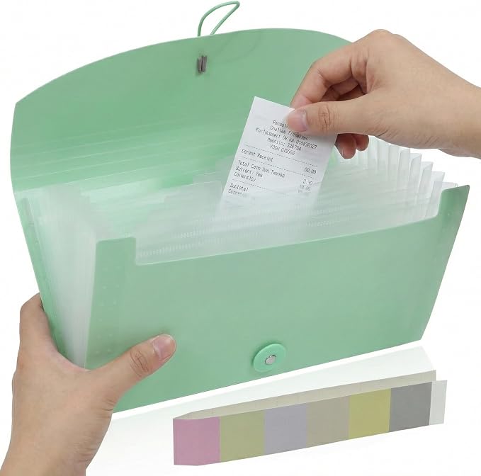 Portable 13-Pocket Receipt & Coupon Organizer, Small Expanding Accordion File Folder with Labels, Long Ticket Size Holder for Bills, Checks, and Travel Documents (10.2" x 5.5"), Green