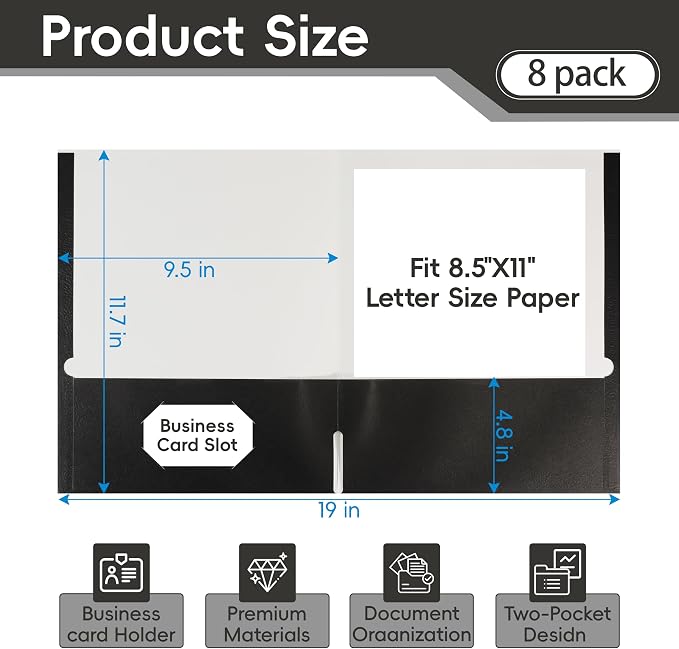 8 Packs Black Two Pocket File Folders,File Folder Letter Size,8.5x11Inches File Folders for Office,School and Home,Organizer File Folder