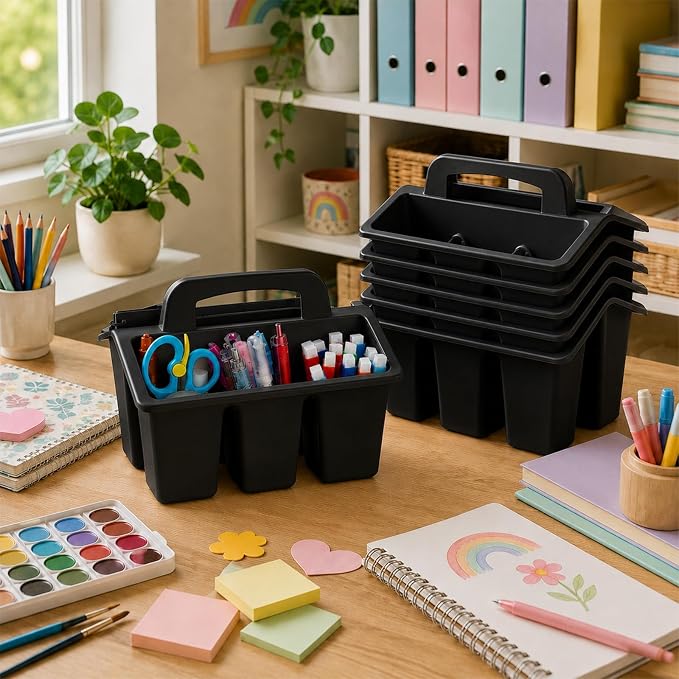 8 Pack Classroom Caddy Storage Basket with Handle 4 Compartment Storage Caddy Plastic Arts Crafts Caddies Protable Classroom Craft Caddies for Kids Schools Art Craft Supplies(Black)