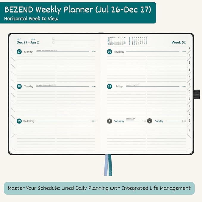 BEZEND Weekly Planner 2026-2027 (8.5" x 11") Horizontal Layout Notebook (Jul 26-Dec 27) 18 Months Academic Calendar & Monthly Tabs, Ideal for Students, Work & Home, PU Leather Hardcover -Gray