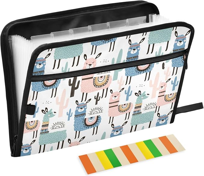 Cartoon Cute Alpaca 13 Pockets Expanding File Folder with Sticky Labels Accordion File Folder Document Organizer Letter Size A4 Papers Expandable File Keeper