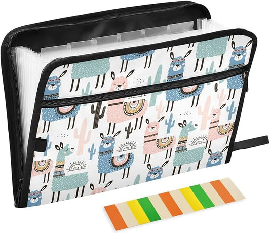 Cartoon Cute Alpaca 13 Pockets Expanding File Folder with Sticky Labels Accordion File Folder Document Organizer Letter Size A4 Papers Expandable File Keeper