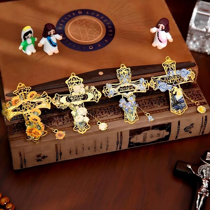 4PCS Cross Metal Bookmarks, Vintage Van Gogh Bookmark, Christian Gift, Book Lover Gifts for Teacher Writers Readers Adults
