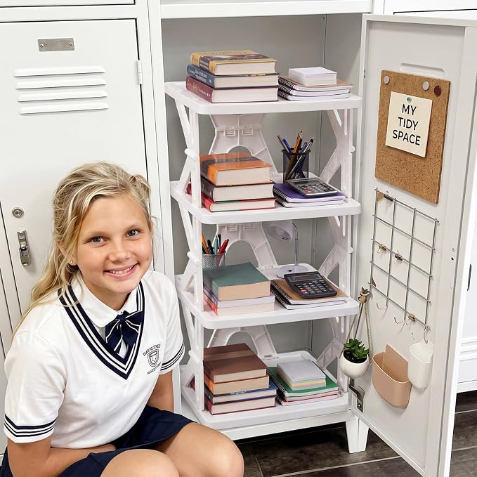 Lineshading 4 Tier Foldable Locker Organizer Shelf Foldable Storage Shelves Locker for School, Office, Gym Lockers, Dorm Room, Multi-Layer Shoe Gear Tower, Heavy-Duty No-Tool Portable Shelf(White)