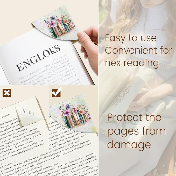 Icycay Floral Book Corner - Cute Leather Bookmarks, 3 Pcs Reading Page Markers - Gifts for Women, Men, Students and Teachers