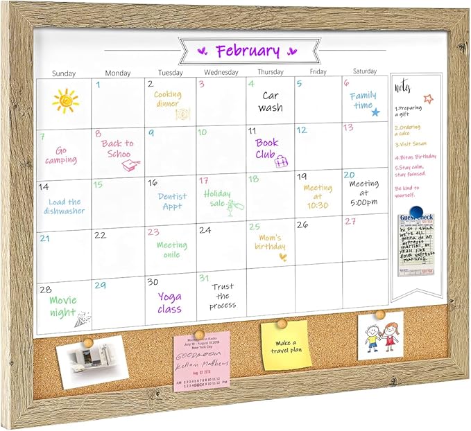 Dry Erase Calendar Whiteboard for Wall, Small Combination Magnetic Dry Erase White Board & Bulletin Board, 13" x 17" Rustic Brown Frame Calendar/Cork Combo Board(RB-3343)