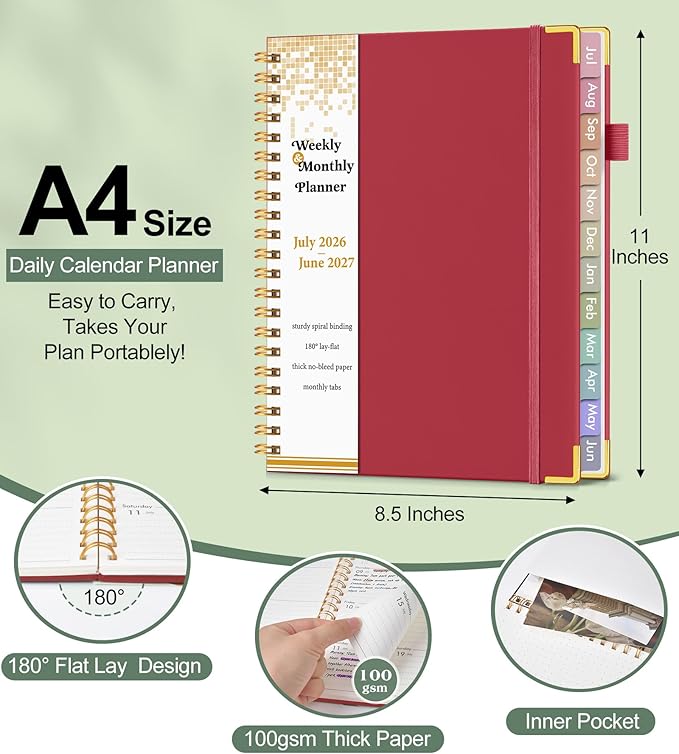 Academic Planner 2026-2027, Hardcover Weekly and Monthly Calendar Planner from July 2026 - June 2027, Daily Agenda Planners with Tabs, College School Organizer for Student Teacher, A4 (8.5" x 11"), Red