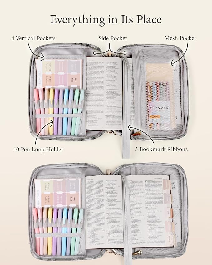 BellaHold Bible Cover Case for Women, Large Bible Bag with Detachable Strap & Bible Study Supplies, 12 Highlighters, 6 Colored Gel Pens & 75 Bible Tabs, Christian Gifts for Women (Navy Patchwork)