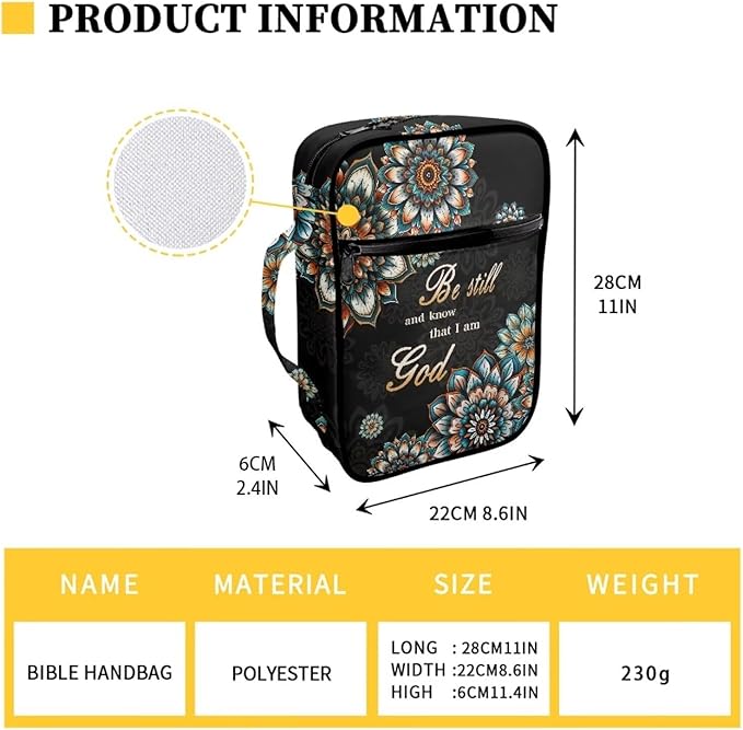 Suobstales Boho Mandala Print Bible Cover Carrying Book Case for Women Men Be Still and Know That I am God Lightweight Bible Bag Bible Protective with Handle and Zippered Pocket