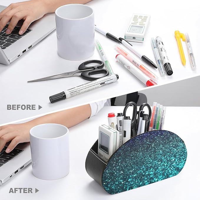 Teal Glitter Remote Control Holder - PU Leather Remote Caddy with 5 Compartments Multi-functional Office Desk Storage Caddy Store TV, DVD, Blu-Ray, Media Player