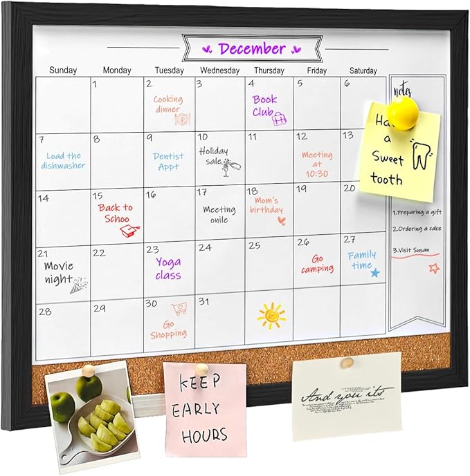 Dry Erase Calendar Whiteboard for Wall, Magnetic 13" x 17" Combination Dry Erase Board & Bulletin Board, 2in1 White Board Cork Board Combo(Black)