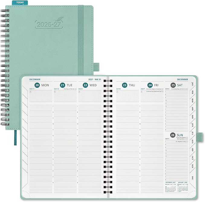 BEZEND Weekly Planner 2026-2027 (8.5" x 11") with Hourly Timeslots (Jul 26-Dec 27) 18 Months Academic Calendar & Monthly Tabs, for Students, Work & Home, Spiral PU Leather Softcover -Mint Green
