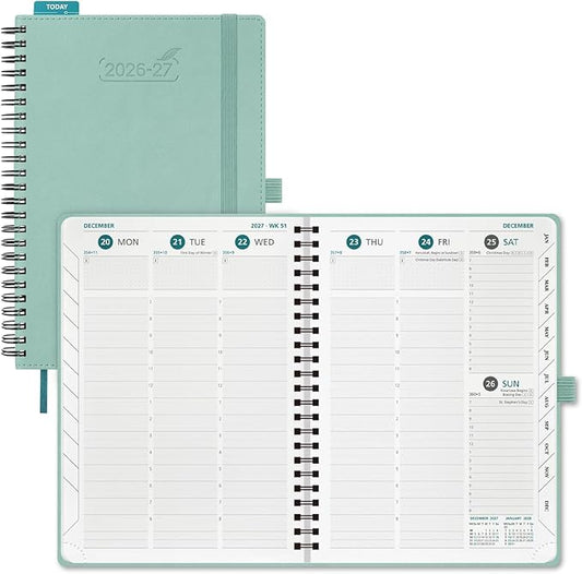 BEZEND Weekly Planner 2026-2027 (6" x 8.5") with Hourly Timeslots (Jul 26-Dec 27) 18 Months Academic Calendar & Monthly Tabs, for Students, Work & Home, Spiral PU Leather Softcover -Mint Green