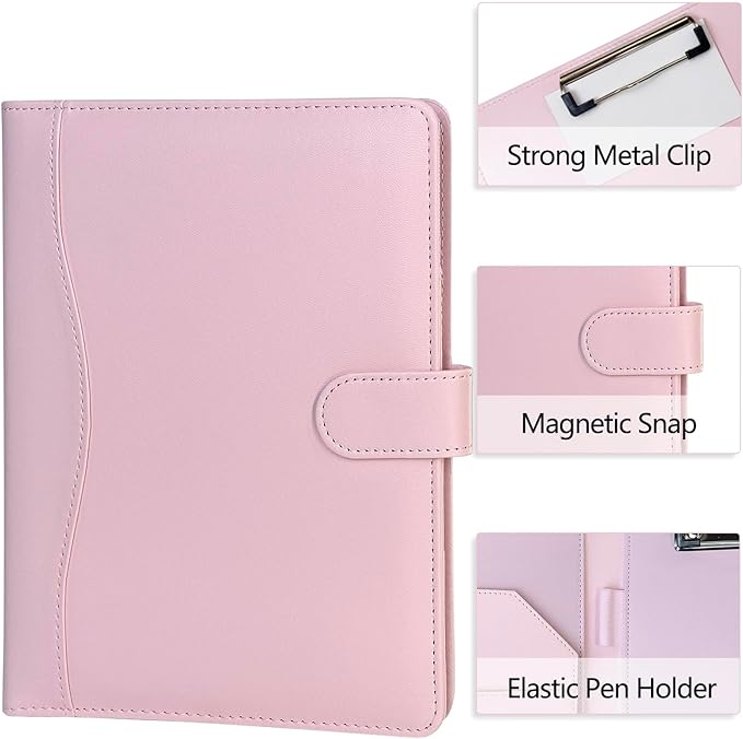 Padfolio Portfolio Binder, Leather Clipboard Folder Briefcase Loose-Leaf Binder with Cover Brown Folder with Pockets Resume Folder for Business Office Meeting Men Women's Business (A5, Pink)