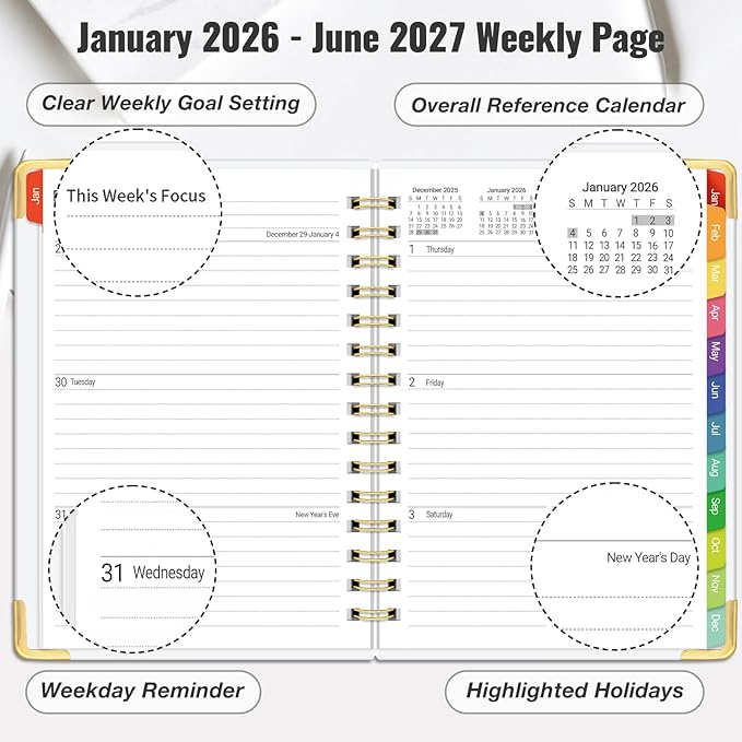 Daily Planner 2026-2027, 18 Month Planner with Tabs, January 2026 - June 2027 Weekly and Monthly Academic Year Calendar Spiral Time Management, 100GSM Thick Paper, Twin-Wire Binding, A5 Size, Black and white stripes