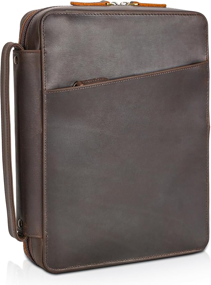 Polare Full Grain Leather Bible Cover Church Bag 10x7.5x2.2 inch Carrying Book Case Bible Protective with Handle and YKK Zippered Pocket (Dark Brown)