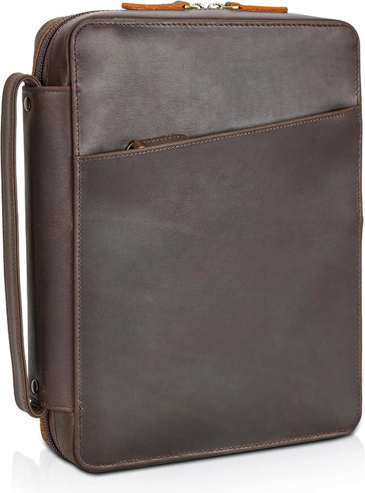 Polare Full Grain Leather Bible Cover Church Bag 10x7.5x2.2 inch Carrying Book Case Bible Protective with Handle and YKK Zippered Pocket (Dark Brown)